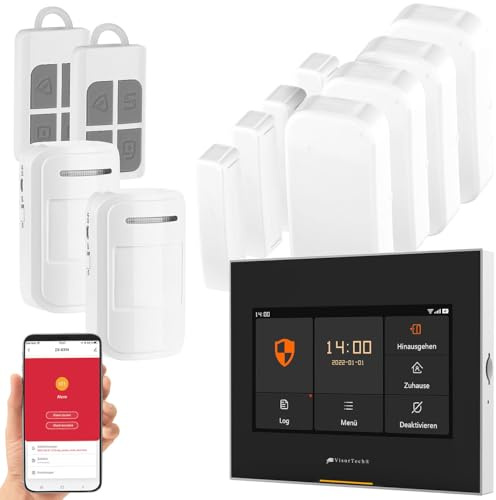 VisorTech Alarm: 10-TLG. Funk-Alarmanlage: 6 Sensoren, 2 Fernbedienungen, GSM, WLAN App (Hausalarmanlagen, Alarmanlage Set, xmd)