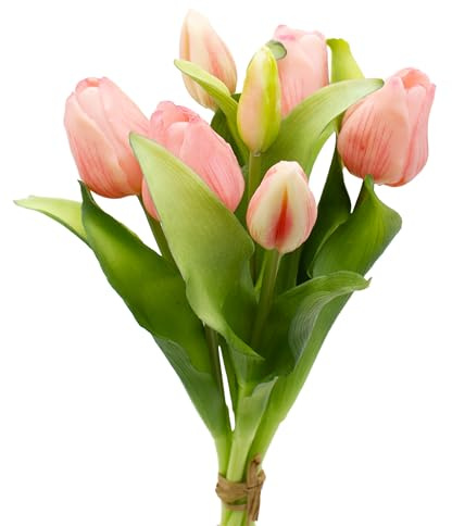 mucplants künstliche Tulpen Tulpenbündel mit 4 Tulpen und 3 Tulpenknospen real Touch (Rosa)