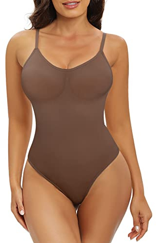 Tuopuda Shapewear Damen Body Shaper Bauchweg Bodysuit Figurenformend Miederbody Stark Formend Taillenmieder Sculpting Tanga Verstellbarer Schultergurt, Kaffee, S