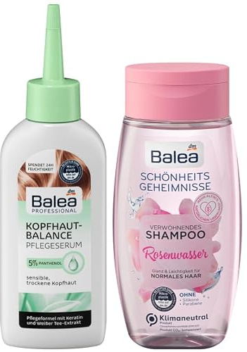 Balea 2er-Set Haarpflege: Professional Kopfhaut-Balance Panthenol Pflegeserum mit Beruhigungseffekt für sensible trockene Kopfhaut, 150 ml + Schönheitsgeheimnisse Shampoo Rosenwasser, 250 ml, (400 ml)