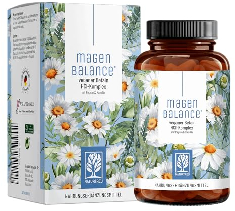 NATURTREU® Magenbalance Betain HCL Komplex vegan - mit Pepsin, Kamille & Chlorid - Unterstützung von Magensäure und Verdauung* - Vollspektrum Enzym Kapseln hochdosiert