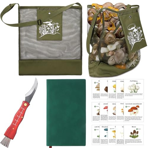 Seajan Kit de recherche de champignons de 18 pièces comprenant un sac de chasse, des cartes de guide de brosse et un carnet pour la récolte des champignons (vert kaki)