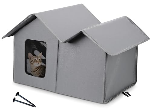 ALLSOPETS Katzenhaus Outdoor Winterfest Isoliert, Wetterfestes Faltbares Katzenhaus für Draußen und Drinnen mit Abnehmbarer Matte, Katzenunterkunft für Kleine Hunde (Urban Grau)