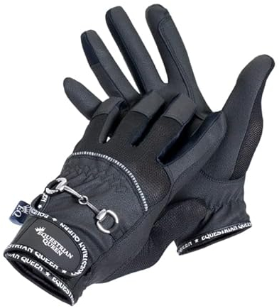 Equestrian Queen Damen Reithandschuhe – atmungsaktiv, rutschfest, Touchscreen-kompatibel, mit Grip & Reflektorpaspel – leichte Sommerhandschuhe für Reiten & Outdoor - Crete (Schwarz/Grau, XS)