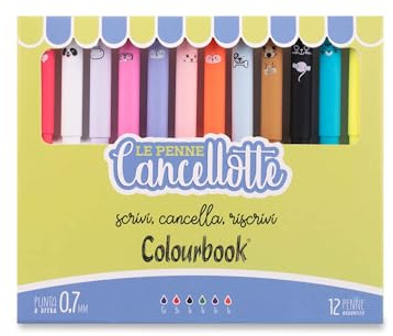 Colourbook Cancellotte Gelschreiber, radierbar, nachfüllbar, Halbkugel, Durchmesser Spitze 0,7 mm (Colour Mix), 12 Stück