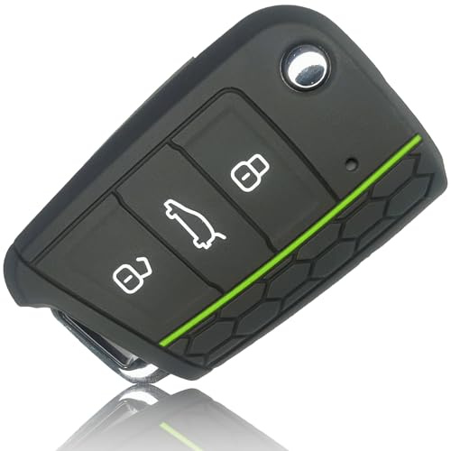 FOAMO Autoschlüssel Hülle Kompatibel mit VW Golf 7, SEAT, Skoda Autoschlüssel Silikon-Hülle Schlüssel-Hülle Schutz-Hülle für Autoschlüssel schwarz-apfelgrün
