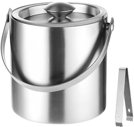 MEYAGOT Seau À Glace Isotherme, 2l Seau A Glacon avec Couvercle, Seau À Glace en Acier Inoxydable avec Pinces Poignée, Double Paroi Seau À Glaçons pour Apéritifs Boisson Cocktails Bouteille Bar
