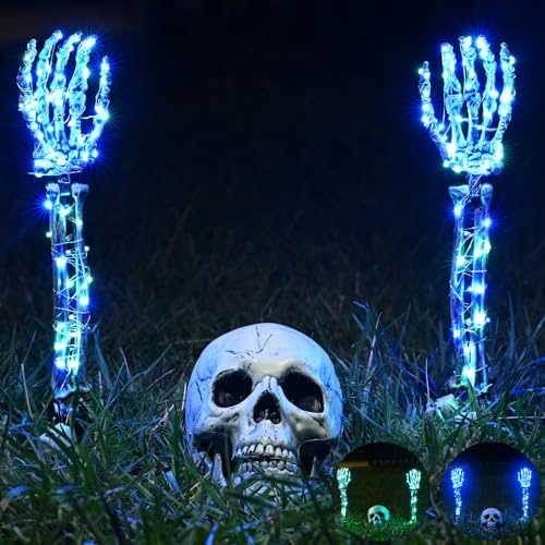 Maxee Halloween Lighted Skeleton Set, Skull Arms Stakes with 2 Blue 3 m LED Lights & 2 Green 3 m LED Lights (3 Modes), Realistic Halloween Decoration for Outdoor Garden Yard Graveyard