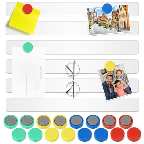 Wukong 6 Stück Magnettafel Memotafel, 30x3cm Weiß Selbstklebend Magnetleisten mit 16 Stück Runden Starke Magnete für Büro, Pinnwand, Fotowand, Dokumente und Kühlschrank