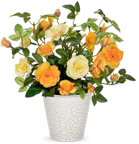 Briful 24CM Künstliche Rose Gelbe Kunstblumen Wie Echt im Topf, Kunstrosen mit Grünpflanzen für Home Badzimmer Dekor