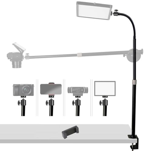 Tentucro Camera Desk Mount Extendable Table Stand with Gooseneck Arm, C Clamp, 1/4 Ballhead, Phone Holder, 14-32 Adjustable for DSLR Camera, Phone, Ring Light & Webcam, Live-Streaming (Vertical)