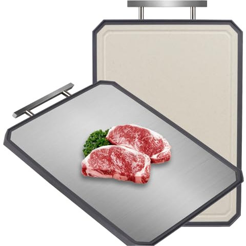 Aomaic Edelstahl und PP Doppelseitiges Schneidebrett mit Rutschfesten Griffen – Edelstahl Schneidebrett für Fleisch, Gemüse und Obst, Spülmaschinenfest (41 x 28 CM)