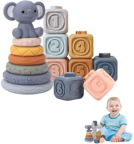 WRQIOO Montessori Spielzeug Baby, 13 PCS Stapelturm Baby Zahn Silikon, Motorikspielzeug ab 6 Monate, Elefanten Stapelspielzeug B-aby, Stapelringe, Stapelwürfel für 6 12 18 Monate Jungen und Mädchen