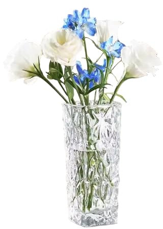 Clear Glass Vase for Flowers Innjoii - Rectangle 15cm Square Embossed Glass Bud Vases Small Vase for Flowers, Plant Terrarium, Candle Holder Water Glasses for Wedding Centerpiece, Office, Ice plate