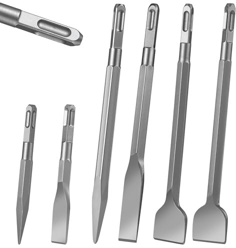 BUCOMTU 6 Stück SDS plus Meißel, 2 Spitzmeißel + 2 Flachmeißel + 2 Breitmeißel, hitzegehärtet, langlebig, geeignet für Mauerwerk, Beton, Naturstein, Fliesen
