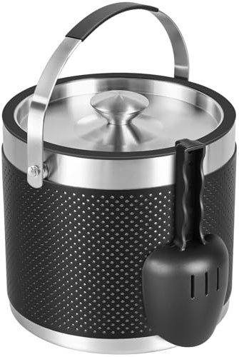 3.2L Eiswürfelbehälter mit Deckel und Schaufel, Edelstahl Eiskübel | Doppelwandiger Isolierter Eisbehälter für Cocktailbar und Party (Schwarz)