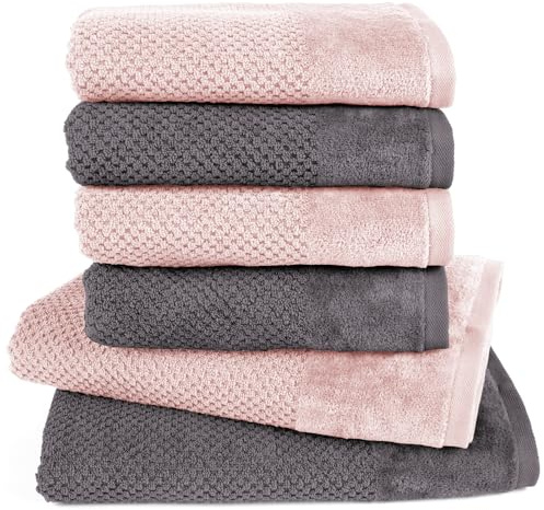 Pure Label Handtücher Set 6-TLG 2x70x140 4x50x100, Anthrazit | Rosa | weich, saugstark, 100% Baumwolle & OEKO-TEX, mit Schlaufe