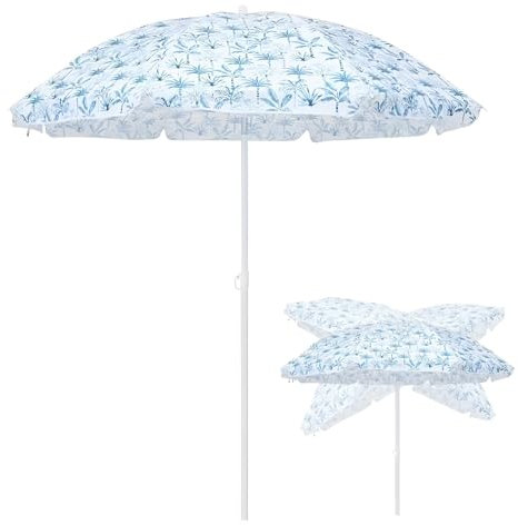 Parasol de Plage Rond de 180 Cm Inclinable par Bouton-Poussoir, Protection UV pour Jardin, Terrasse, Jardin et Piscine