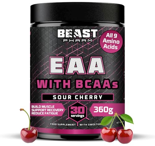 Beast Pharm 9 EAA Amino Acids with BCAA Powder 2:1:1 Ratio - Essential Amino Acids Powder - 360g - EAAs Recovery Drink - 30 Servings - Sour Cherry