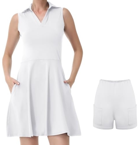 Bezioner Tenniskleid Damen mit Shorts A-Linie Sportkleid Frauen Ärmellos Golfkleid Damen mit 4 Taschen Tennis Outfit Weiß XS