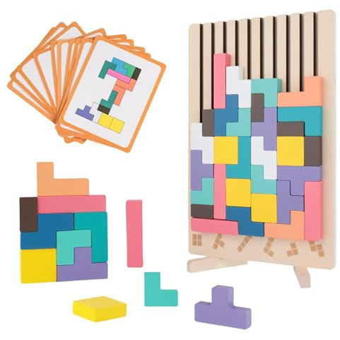 Holzspiel Puzzle Blocks mit 10 Karten - 3 in1 3D Montessori Spielzeug Wooden Puzzle, Neueste Holzpuzzle mit Halterung, Bunt Stapelspiel Steinen Ab 3 4 5 6 Jahre Kinder, Geschenk für Jungen und Mädchen
