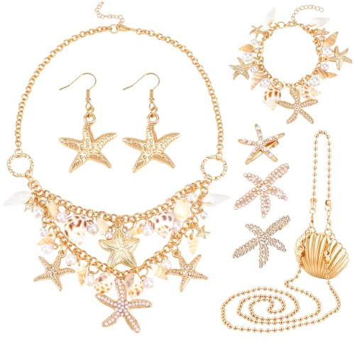 PH PandaHall 7 Teiliges Seestern Schmuckset Goldener Meerjungfrau Schmuck Seestern Halskette Armband Haarspangen Ohrringe Muschel Umhängetasche Für Strandparty