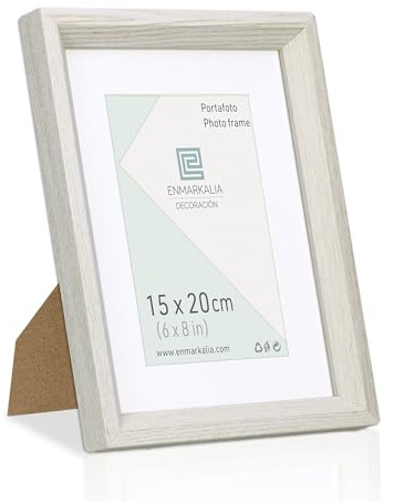 Portafoto 15 x 20 cm SIN paspartu y 10 x 15 cm CON paspartu, color Blanco, paspartu, cristal y soporte pie, colgador horizontal y vertical para colgar en pared (Blanco X1 Ud., 15 x 20 cm)