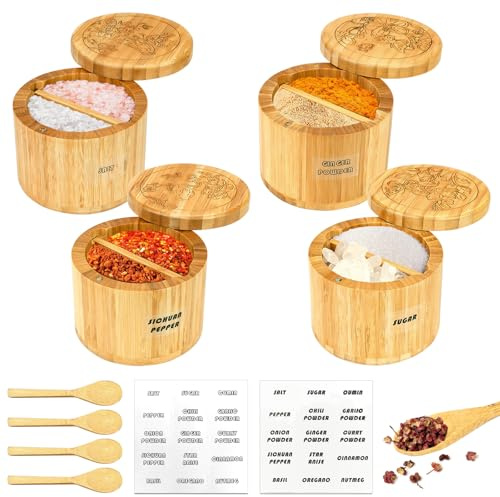 Lot de 4 boîtes à sel avec motif gravé, 2 compartiments avec couvercles rotatifs magnétiques, cuillères en bois et autocollants, boîte de rangement pour épices de cuisine, épices, herbes, Pfeff