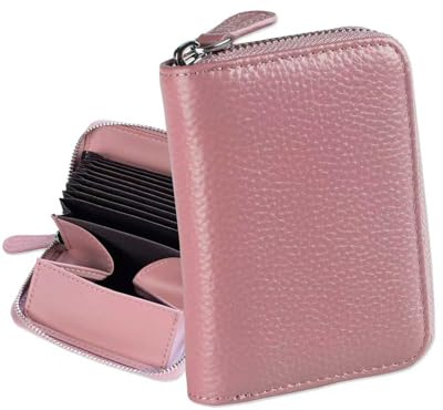 Jexmigo RFID Purses for Women – Genuine Credit Card Holder RFID Blocking, 12 Card Slots, Large Anti-Leak Coin Purse, Compact Ladies Leather Purse with YKK Zip, Card Wallet,for Mother Gift (Pink)