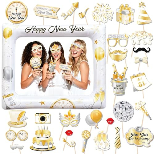 HOWAF Accessoire Photobooth Nouvel an 2027, Cadre Photobooth Gonflable Happy New Year Accessoire Photo Lunettes Bonne Année pour Decoration Nouvel an 2027, Deco Jour de l'An, Set D, Blanc Or