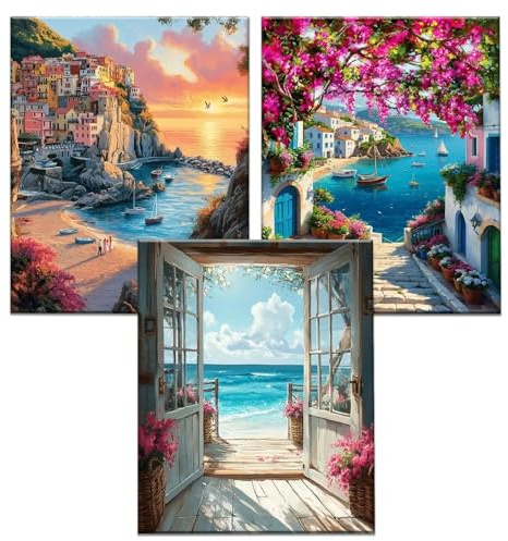 JATOK 3 Packs Paint by Number for Adults - 16x20in/40x50cm, Painting on Rolled Colored Canvas for Beginners, Easy DIY Acrylic Pigment Drawing Paintwork for Home Wall Decor, Landscape (No Frame)