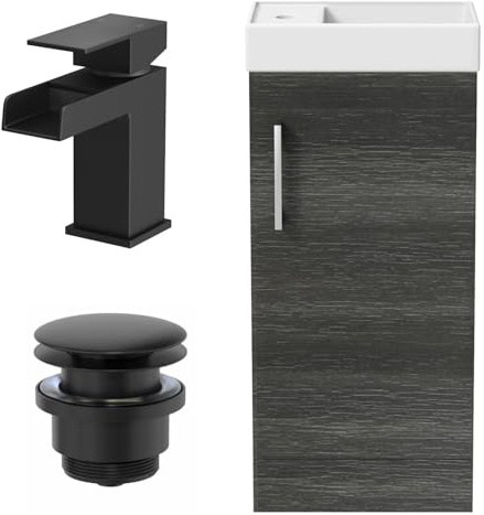 BAYSTONE 400mm Bathroom Vanity Unit Ceramic Wash Sink Floorstanding Storage Cabinet Reversible Soft Close Cupboard & Black Waterfall Basin Mixer Tap & Waste Set, Charcoal Grey