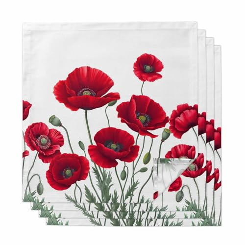 Spring Red Opium Poppy Flower Cloth Napkins Set of 4, Washable Napkins Cloth, Summer Watercolor Plant Table Dinner Napkins for Kitchen Wedding Parties