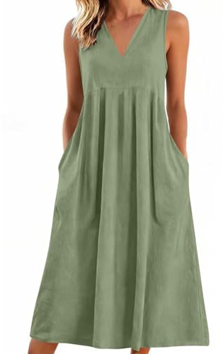 Midi Dresses for Women UK V Neck Sleeveless Cotton Linen Dress Summer Casual Loose Fit Long Dresses with Pockets Comfy Lounge T Shirts Dress Beach Holiday Elegant Sundress