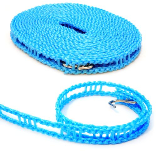 Ganzoo tendedero Compacto 5 m de Nylon, Cinta 15 mm Antideslizante con separadores 4 cm, Gancho de Metal para fijación rápida, Resistente a Viento e Intemperie, para Viaje Camping jardín balcón, Azul