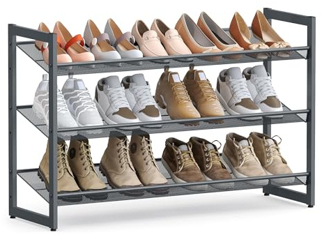 SONGMICS Shoe Rack, 3-Tier Shoe Organizer, Metal Shoe Storage for Garage, Stackable Shoe Shelf, with Adjustable Flat or Angled Shelves, 9-12 Pairs, Charcoal Gray ULMR03GB