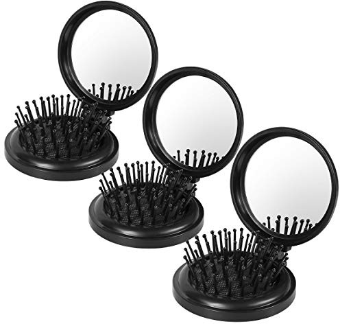 3PCS Folding Travel Hair Brush with Mirror, Mini Comb/Wet Brushes, Compact Purse Pocket Hair Massage Combor for Women and Girls
