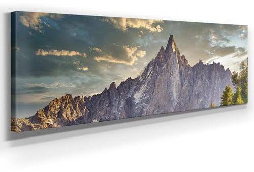 BilderKing Bergpanorama Leinwand - Aiguille du Dru, Alpen - als 150x50cm großes XXL Leinwandbild. Wandbild als Hintergrund und Deko für Wohnzimmer & Schlafzimmer. Aufgespannt auf Holzrahmen