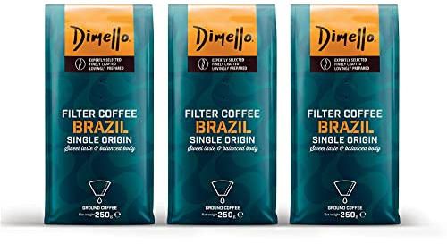 Dimello Brazil – Strong Arabica Ground Filter Coffee 750g (250g x 3) | Sweet Taste & Balanced Body – Single Origin, Medium Roast, Brazil (Brazil, 750g)