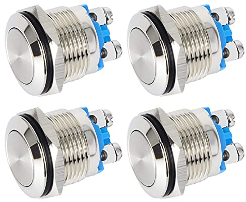 GUUZI 4 pièces 16mm Interrupteur à Bouton-Poussoir à Verrouillage Etanche avec Bornes à vis 3A/12 V/24 V/125 V/250 V Interrupteur à Bouton en Métal en Acier Inoxydable (Tête Plate)