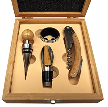 4 Piece Wine Opener Set - Waiter's Mate Including Corkscrew & Foil Cutter, Wine Stopper & Pourer + Velvet Lined Bottle Collar in Exquisite Bamboo Gift Box, Wine Gift Set