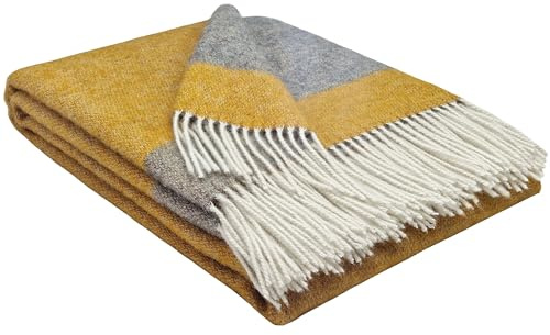 STTS International Wolldecke 100% Schurwolle Wohndecke in versch. Farben Tagesdecke Schurwolldecke Plaid 140 x 200 cm Tirol (Senf-Grau (DF Dreifarbig))