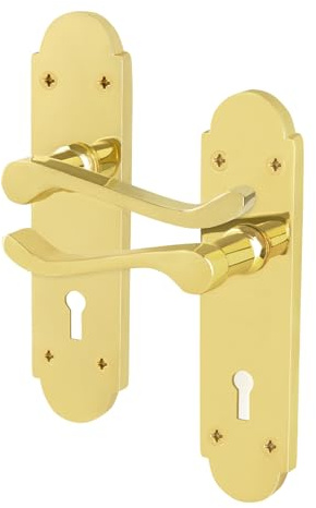 EAI Polished Brass Door Handles on Backplate with Sash Lock | Complete Sash Lock Kit with 1 Pair of Victorian Scroll Lever on Backplate Door Handles, Sash Lock, Fixings Included