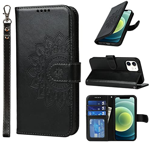ELTEKER Handyhülle iPhone 12 mini Hülle, [3 Kartenfächer] [Magnet Verschluss] Leder Eleganter Prägung Schutzhülle Klapphülle für iPhone 12 mini, Schwarz
