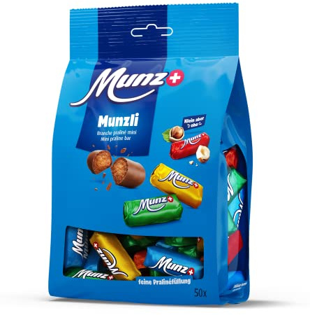 Munz Munzli Schweizer Schokolade Mini Praliné 50 Branches kleine Schokoladenriegel mit feiner Nougatfüllung aus der Schweiz 250g Beutel