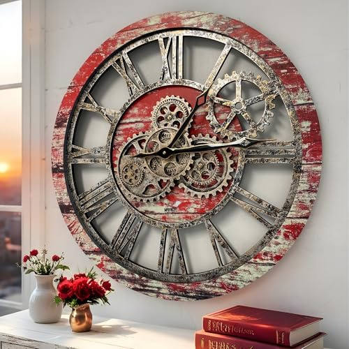 ImprovingLife The Gears Clock The Original Real Moving Gear Orologio da parete vintage industriale oversize rustico casale (60 cm, rosso lava)