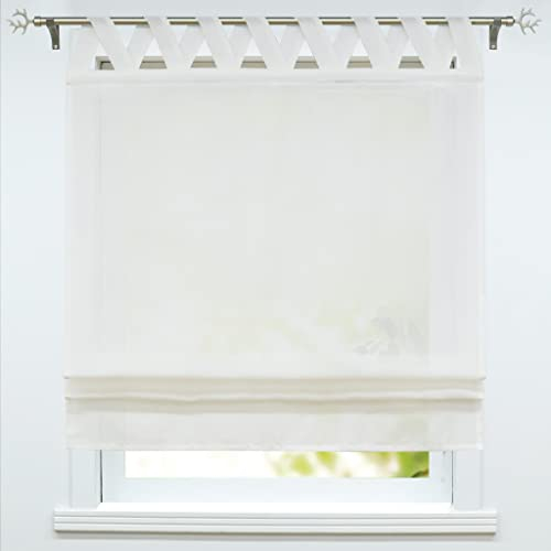 ESLIR Raffrollo mit Schlaufen Leinen Raffgardine Landhaus Schlaufenrollo Halbtransparent Küche Gardinen 1 Stück BxH 80x140cm Weiß
