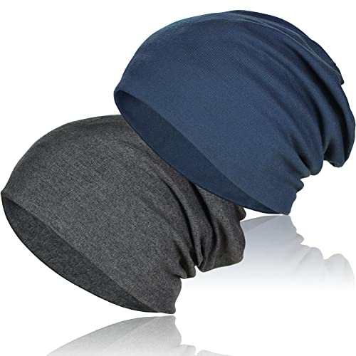TSKNOMO 2 Stück weiche Baumwoll-Slouchy-Mütze, Dehnbare Beanie-Hüte Baggy Skull Cap Chemo-Hüte für Männer und Frauen