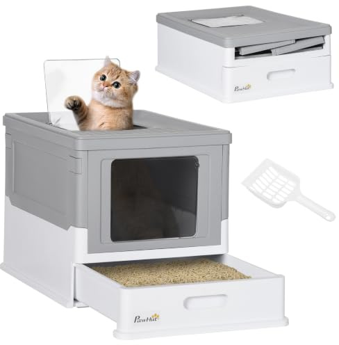 PawHut Lettiera per Gatti Chiusa Pieghevole 47.5x35.5x36.7 cm Grigio Bianco | PP, Paletta Inclusa, Cassetta Igienica per Gatto, Vassoio Estraibile, 2 Porte
