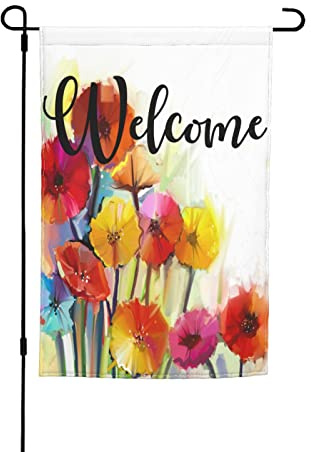 Gartenflaggen, Rot, Gelb, Blau, Blumen, Premium-Yard-Flagge, Frühlingsblumen, weißer Hintergrund, Gemälde, Urlaubsparty, Flagge, Outdoor-Bauernhaus- tion, Heim-Veranda-Flaggen, 30,5 x 45,7 cm